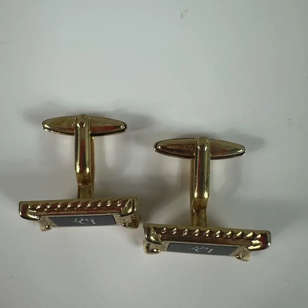 Christian Dior Cufflinks Mens Gold Tone Black Enamel Logo Rectangular Locking